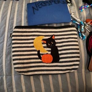 Striped Cat Pouch with Black Cat and Pumpkin Design